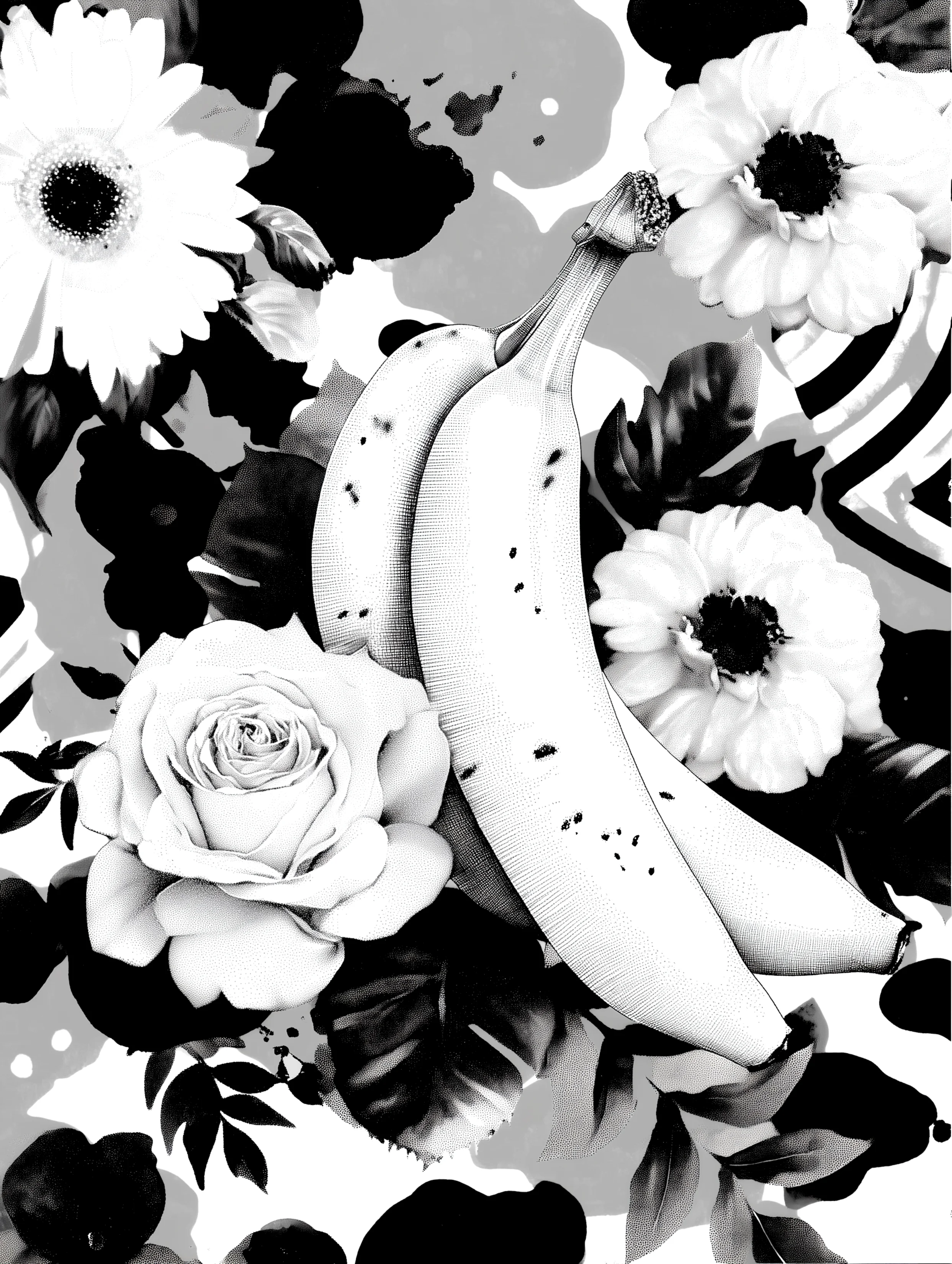 Free printable banana coloring page for adults featuring crossed bananas with flowers